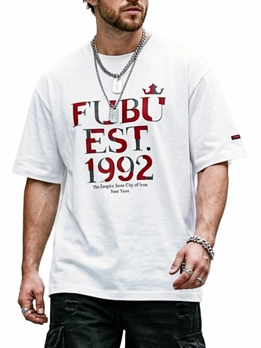 Y2K FUBU The Collection white cotton red velvet spell out crew neck t shirt L